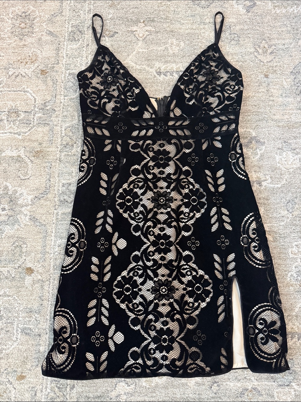 SAYLOR Black Lace Mini Dress with Nude Underlay
